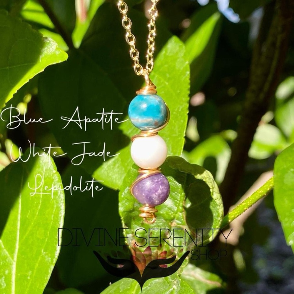 Serenity Gold Necklace with Blue, White, and Purple natural crystals